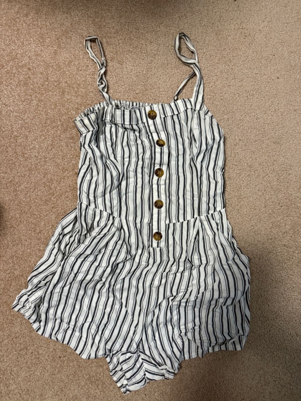 Hollister White and Black Striped Smocked Tank Romper